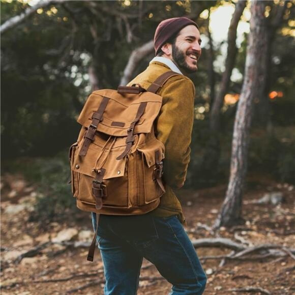 Men’s Leather Canvas Backpack Large Bag Khaki - Picture 2 of 6